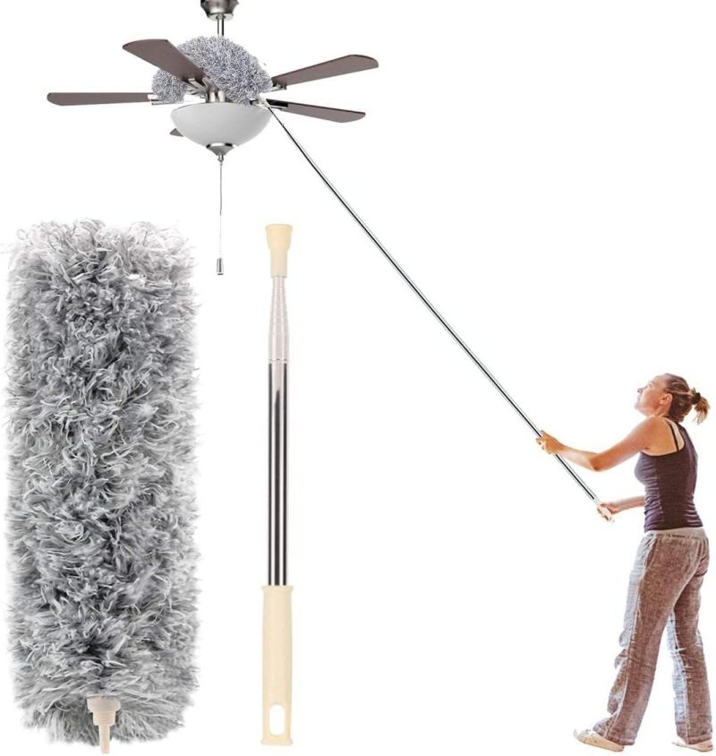 Microfiber Duster with Extension Pole Stainless Steel 30 to 100 with Bendable Head Extendable Long Duster for Cleaning Ceiling Fan High Ceiling Keyboard Furniture Cars Gray