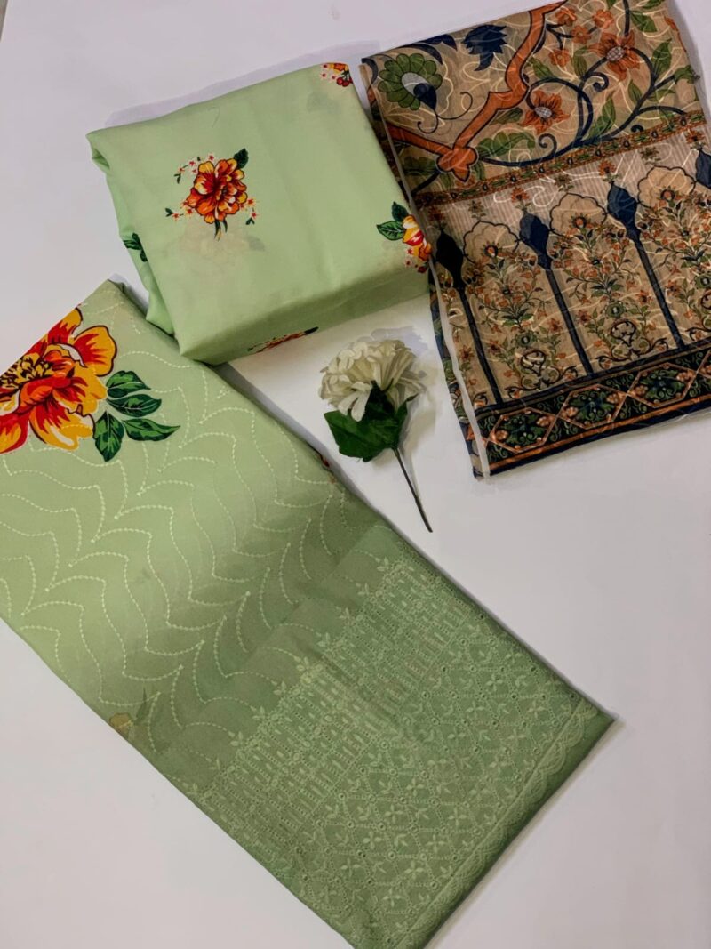 3PCS DIGITAL PRINTED BORING CHICKENKARI CUTWORK EMBROIDERED SWISS LAWN - Image 6