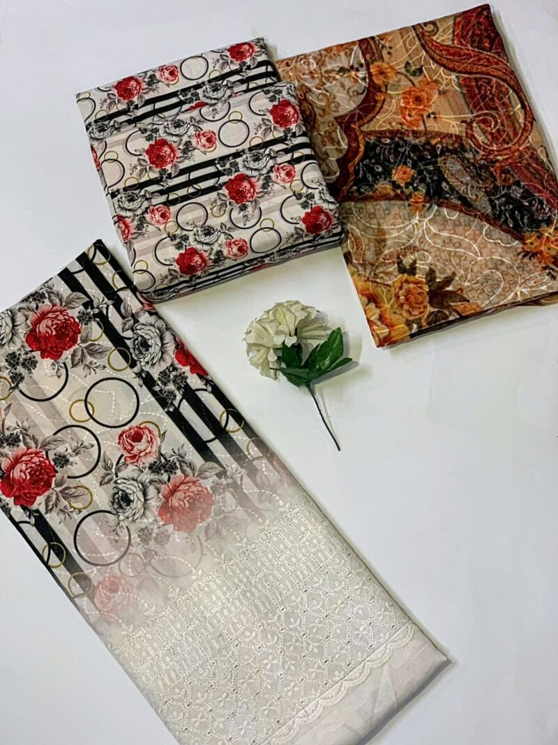 3PCS DIGITAL PRINTED BORING CHICKENKARI CUTWORK EMBROIDERED SWISS LAWN