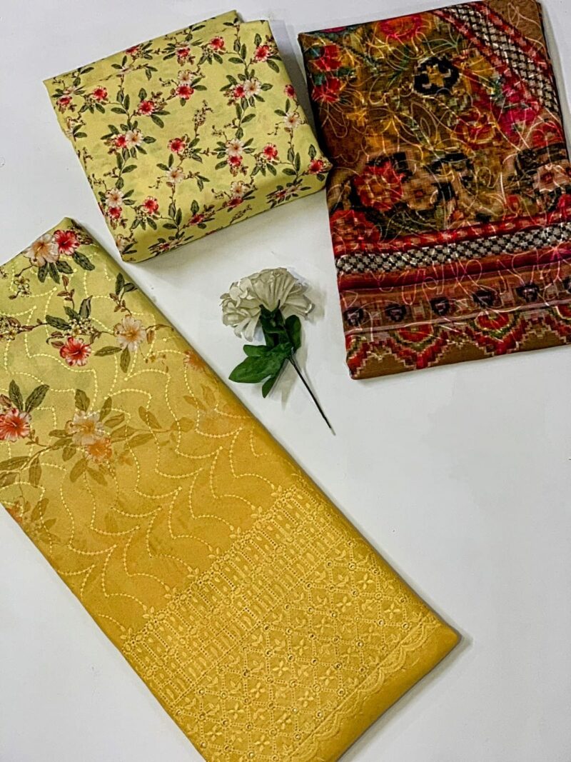 3PCS DIGITAL PRINTED BORING CHICKENKARI CUTWORK EMBROIDERED SWISS LAWN - Image 3