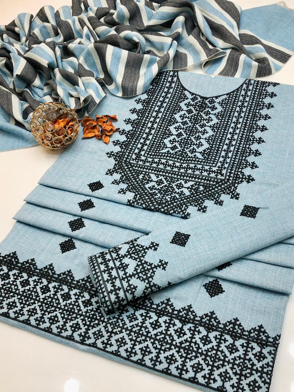 Presenting Khadi Khaddar Multani Style Embroidered Unstitched 3 Piece - Image 8